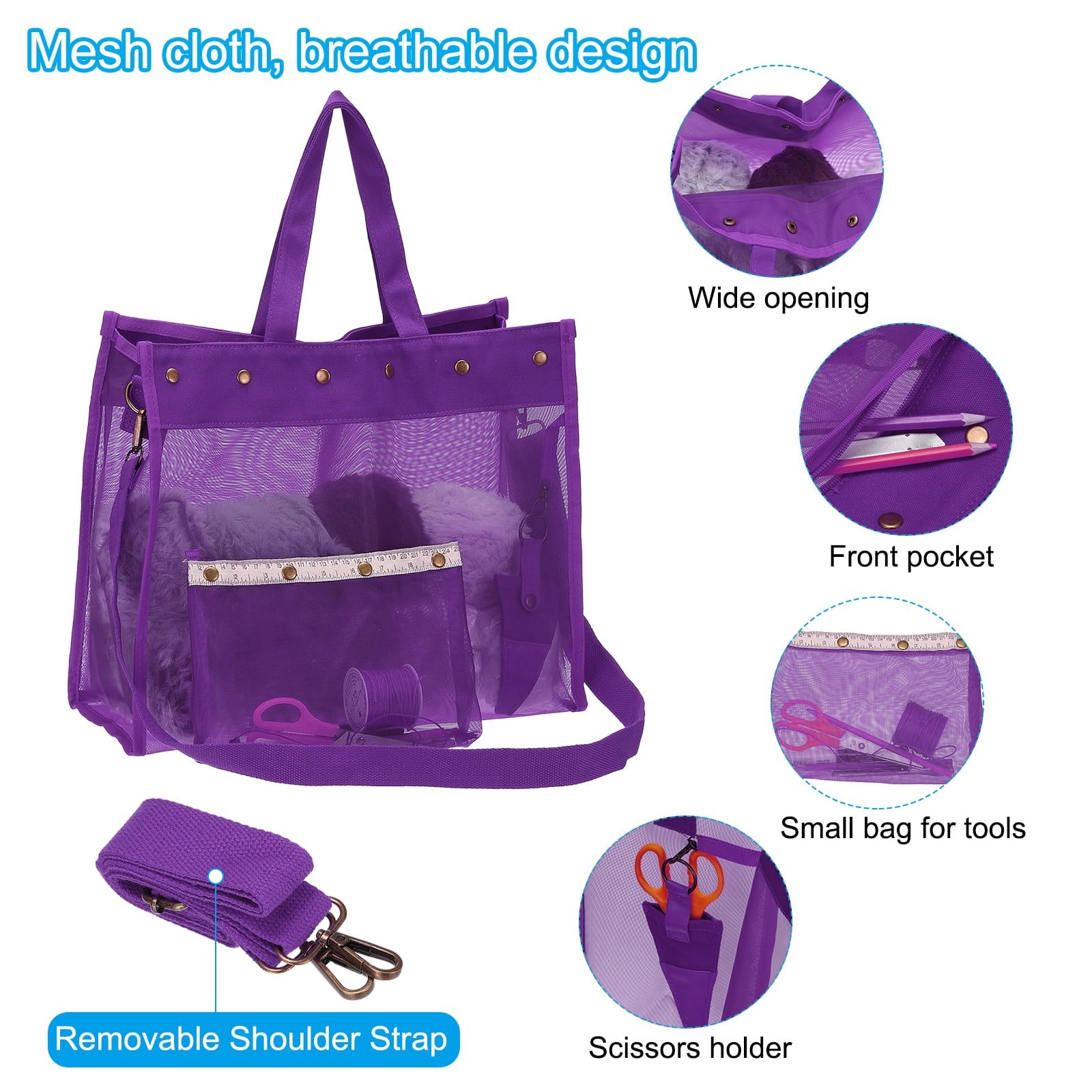 Uxcell Crochet Bag for Yarn Storage, Large Size Knitting Organizer Detachable Mesh Yarn Case Holder with Strap, Purple