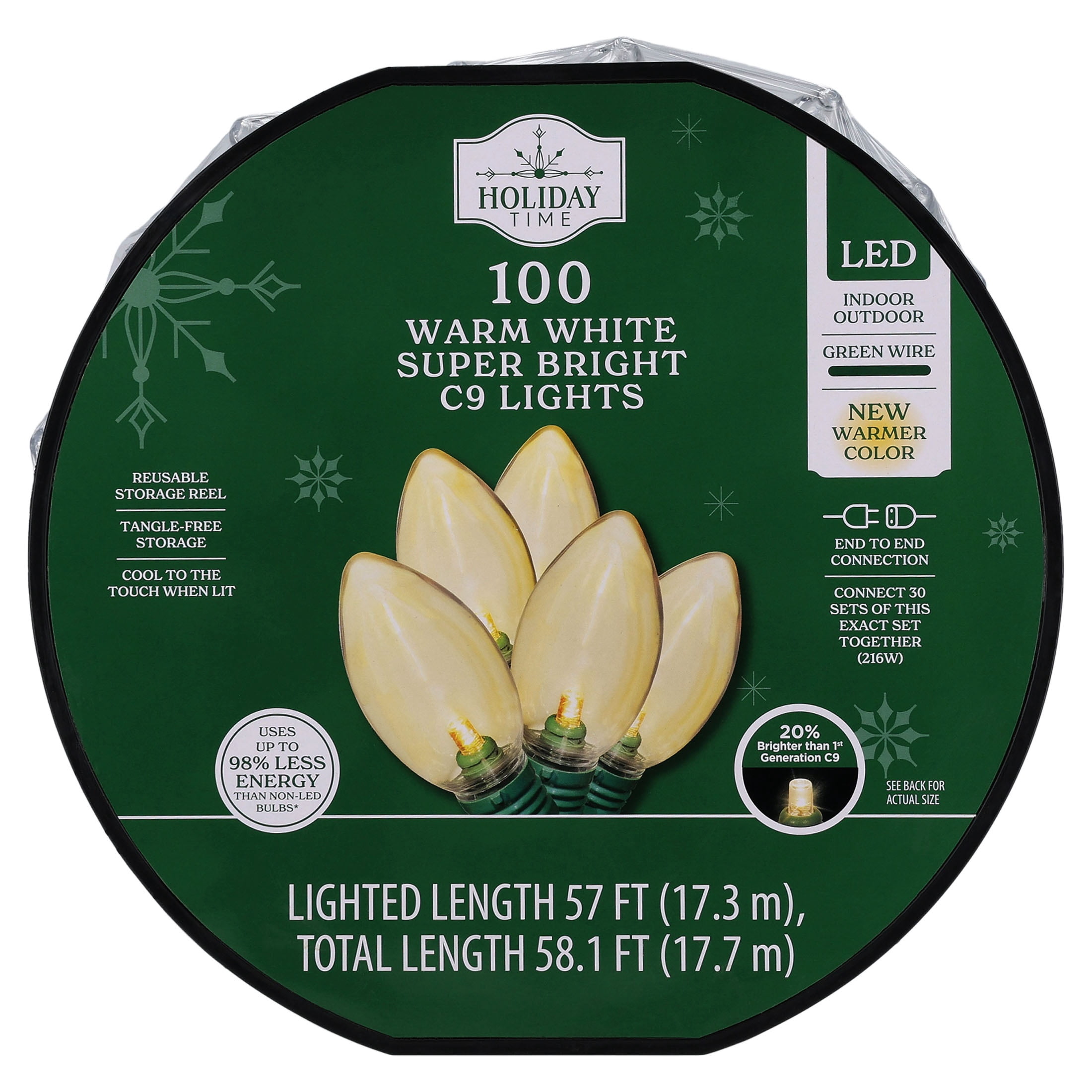 Indoor/Outdoor 100-Count LED Smooth C9 Christmas String Lights, Warm White, Green Wire, 57', by Holiday Time