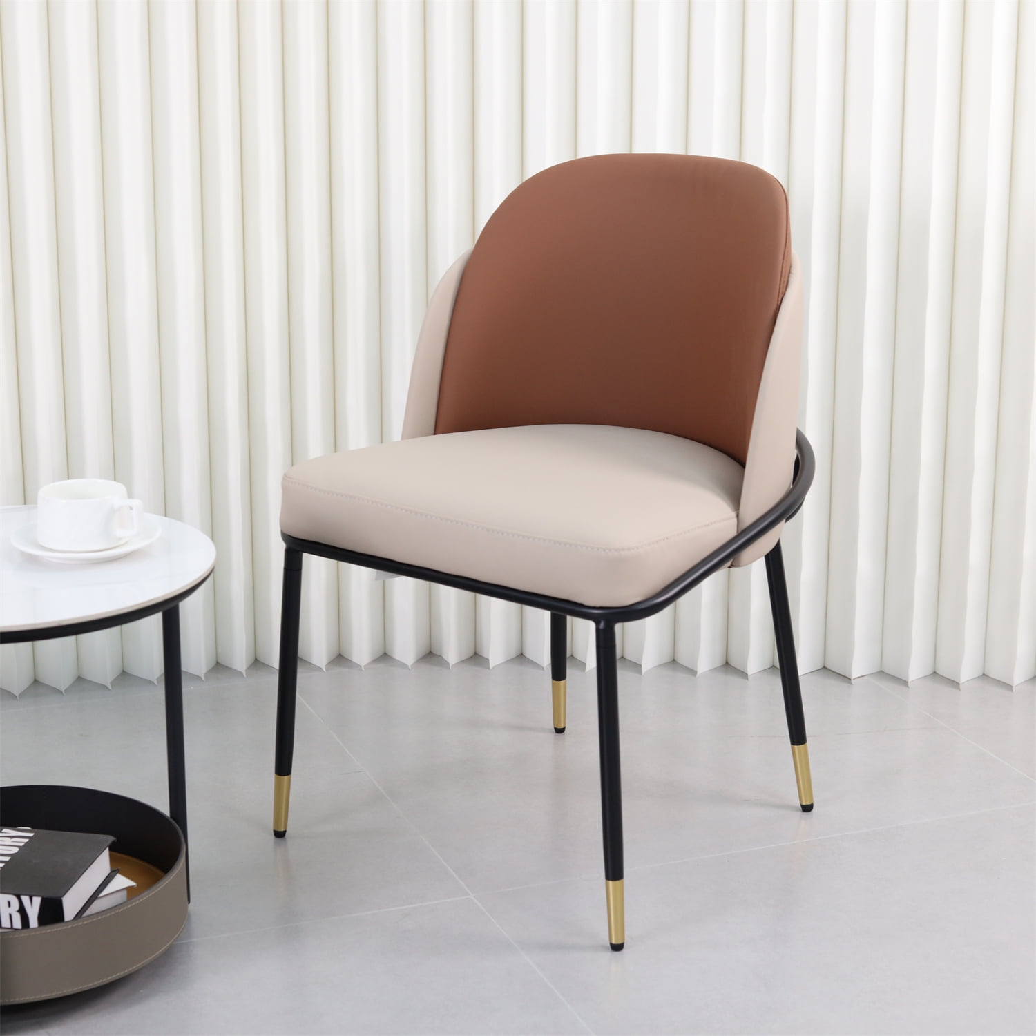 Wisfor Set of 2 Wider Dining Chairs Soft Sponge Filling PU Leathered Kitchen Chairs, Colour Reddish Brown & Beige