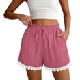 thumbnail image 5 of Sevevn Women's Casual Lace Trim Shorts Elastic Waist Drawstring Loose Comfy Shorts with Pockets Hot Pink L, 5 of 7