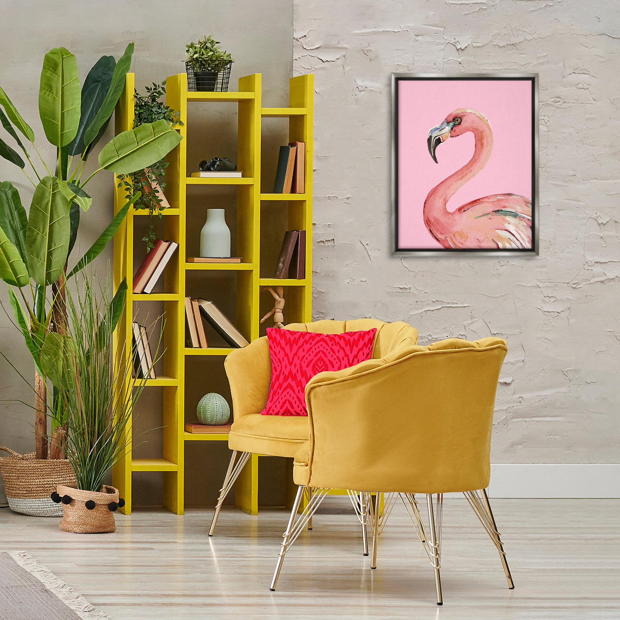 Stupell Industries Flamingo On Pink Animals & Insects Painting Gray Floater Framed Canvas Art Print Wall Art, 17 x 21