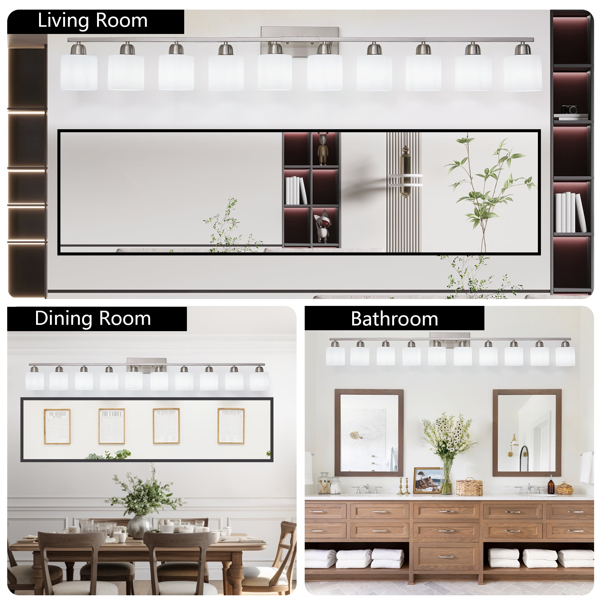 Jopath 10-Light Bathroom Vanity Lights Over Mirror, 65" Nickel Vanity Lights Fixtures with White Glass Shades Modern Wall Sconce for Bathroom, Hallway, or Bedroom(Bulb Not Included)
