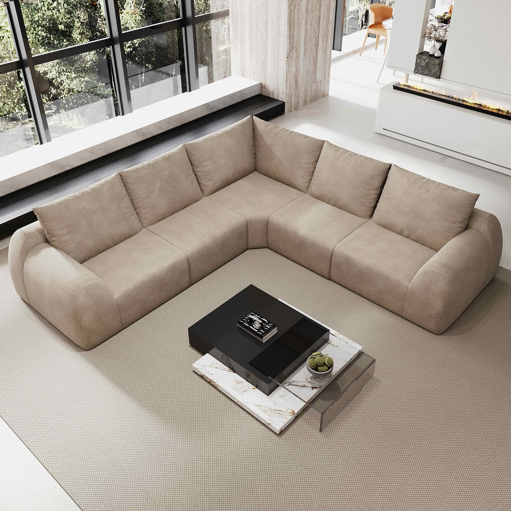 MAYEERTY 105" V Shaped Modular Cloud Sectional Sofa, 5 Seats Vacuum Compressed Chenille Couch, No Assembly Required Oversized Fabric Sofa