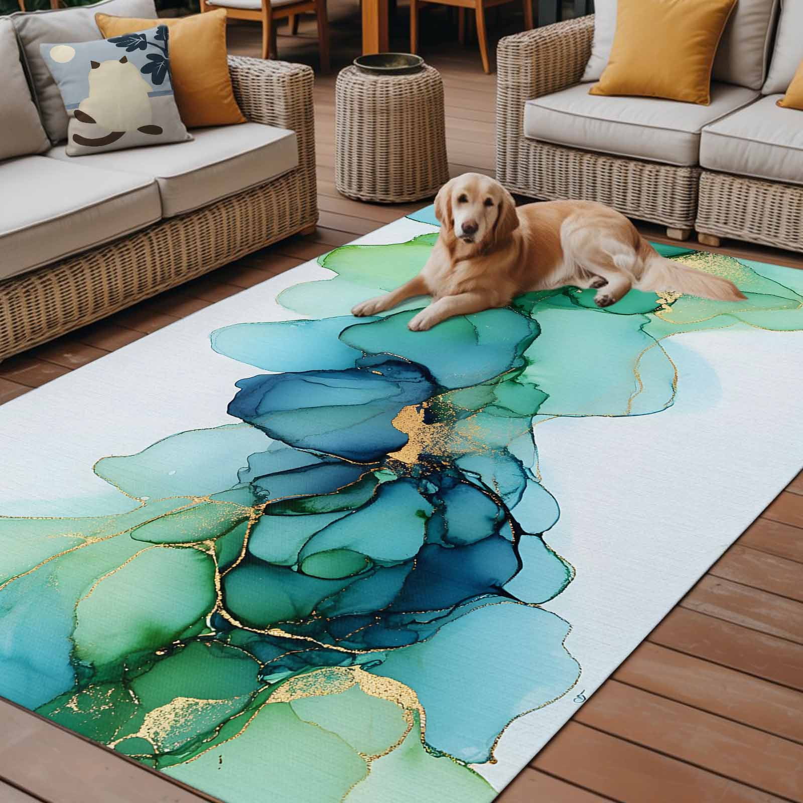 Outdoor Rug 5x8ft Abstract Ombre Green Blue Marble Large Area Rug Modern Art Indoor Outdoor Carpet Outdoor Rugs Mats for Patio Camping,RV,Front Door, Outside Decor