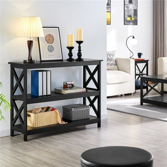 Topeakmart 42″W X Design Console Table w/ 2 Open Shelves, Black