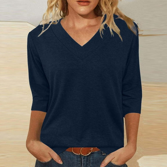 Vekome 3/4 Length Sleeve Womens Tops Plus Size Shirts V Neck Casual Tee Shirts Solid Color Summer Pullover Tops Navy XL