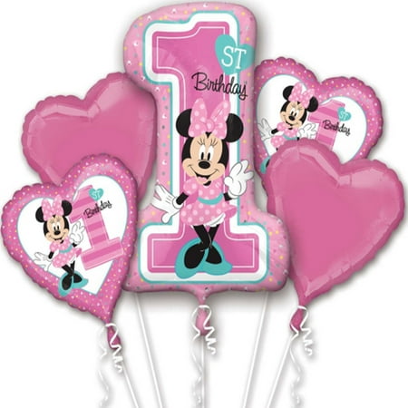 Newborn Boy Balloons Bouquet - Minnie Mouse 1st Birthday Authentic Licensed Theme Foil Balloon Bouquet