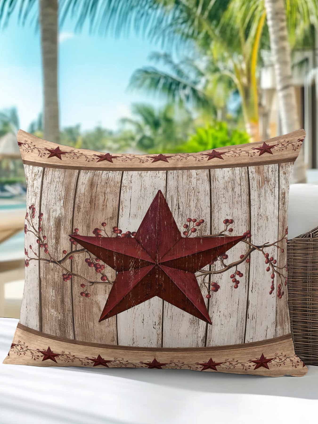 Outdoor Pillows Waterproof, Red Texas Star Vintage Bedding Throw Pillows with Insert for Couch Sofa Bed, Farmhouse Berry Brown Wooden 16x16 Inch Pillowcases Decorative Camping Patio Pillow Set of 1