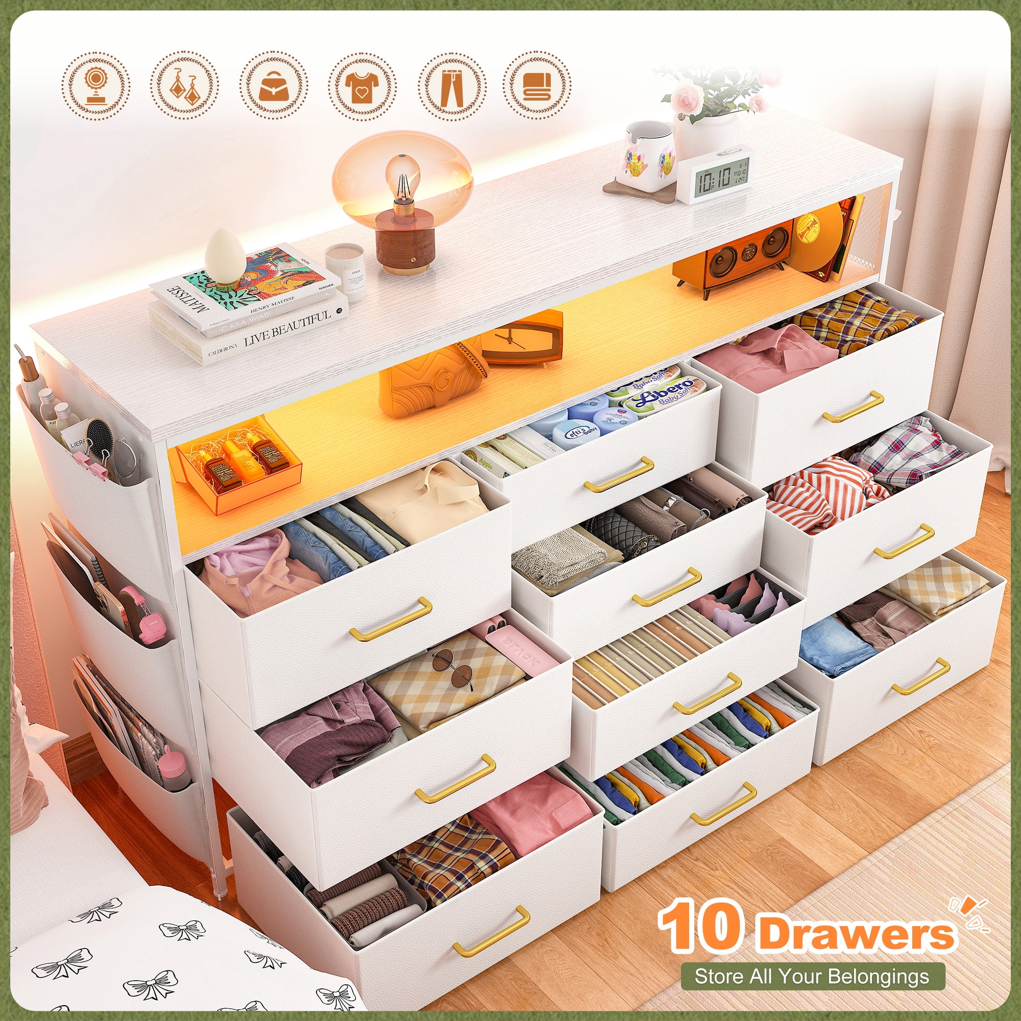 Romorgniz 10 Drawer Dresser,White Dressers for Bedroom TV Stand with Power Outlets & LED Lights & Entertainment Center,Chest of Drawers with Shelves & Side Pockets & Hook Fabric