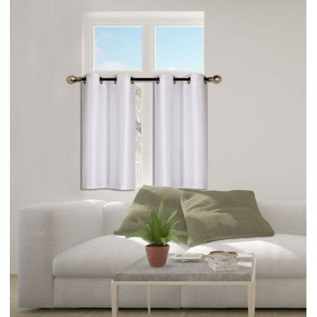 D24 White 2-Piece Energy Saving Room Darkening Grommet Top Window Curtain Set, 2 Blackout Panels For Short