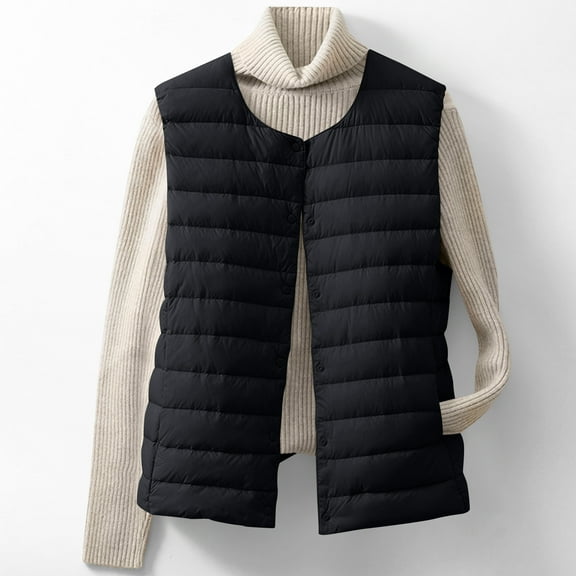 Fanxing Womens Plus Size Quilted Vest Lightweight Button Down Sleeveless Jacket Thin Crew Neck Gilet Outwear with Pocket Black 3XL