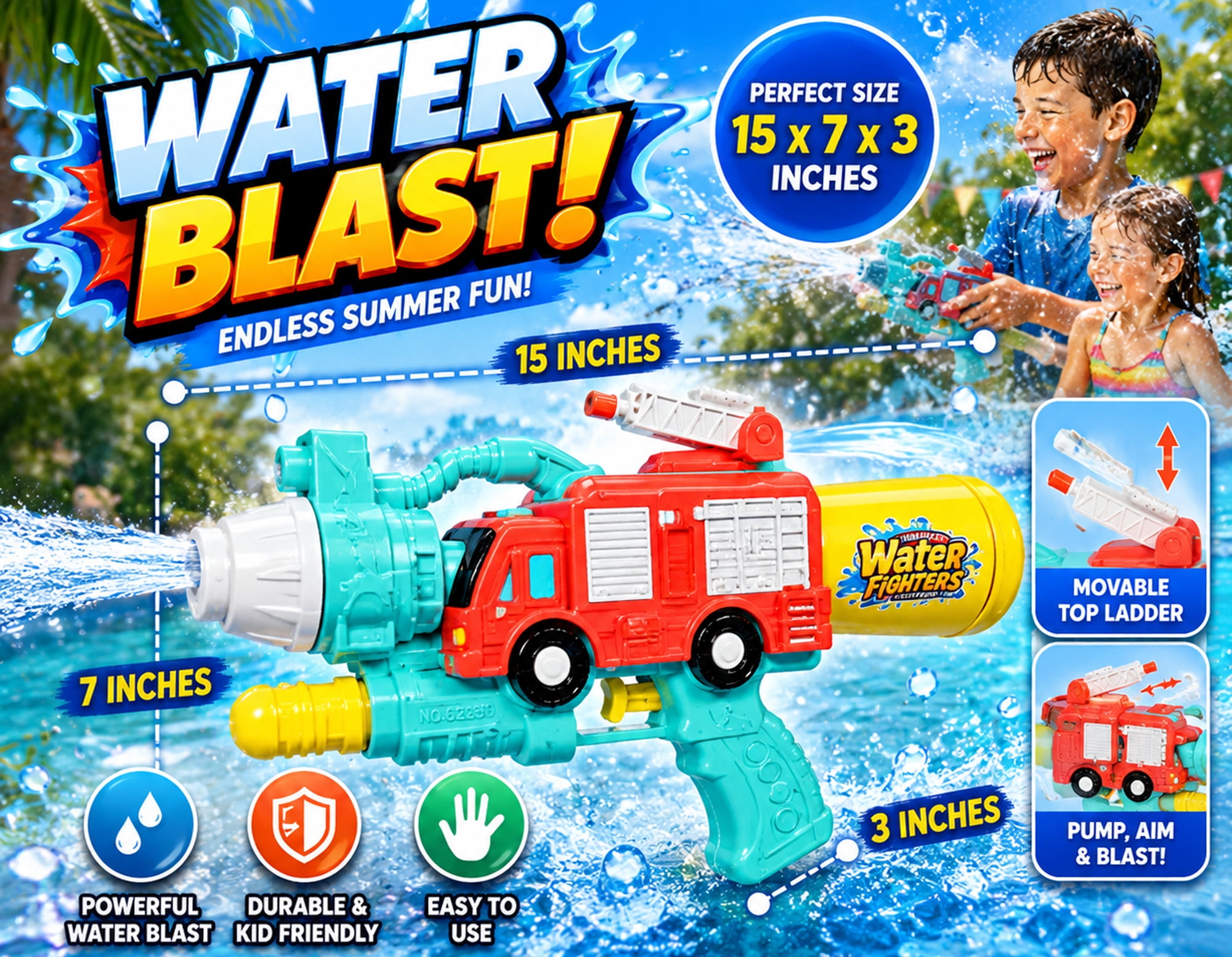 Firetruck Water Blaster Outdoor Toy, 15 Inch Water Shooter with Refillable Bottle, Tube Connection, Movable Top Ladder, Pump Action Water Spray Toy for Kids Summer Play