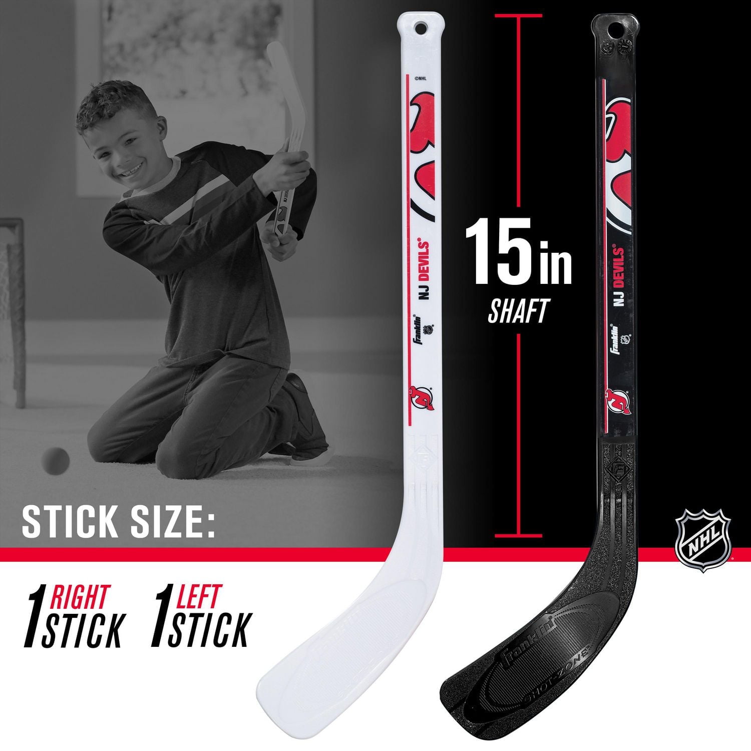 Franklin Sports Ensemble de mini hockey Devils de la NHL – But de hockey intérieur pour enfants, ballon, 2 mini bâtons de hockey
