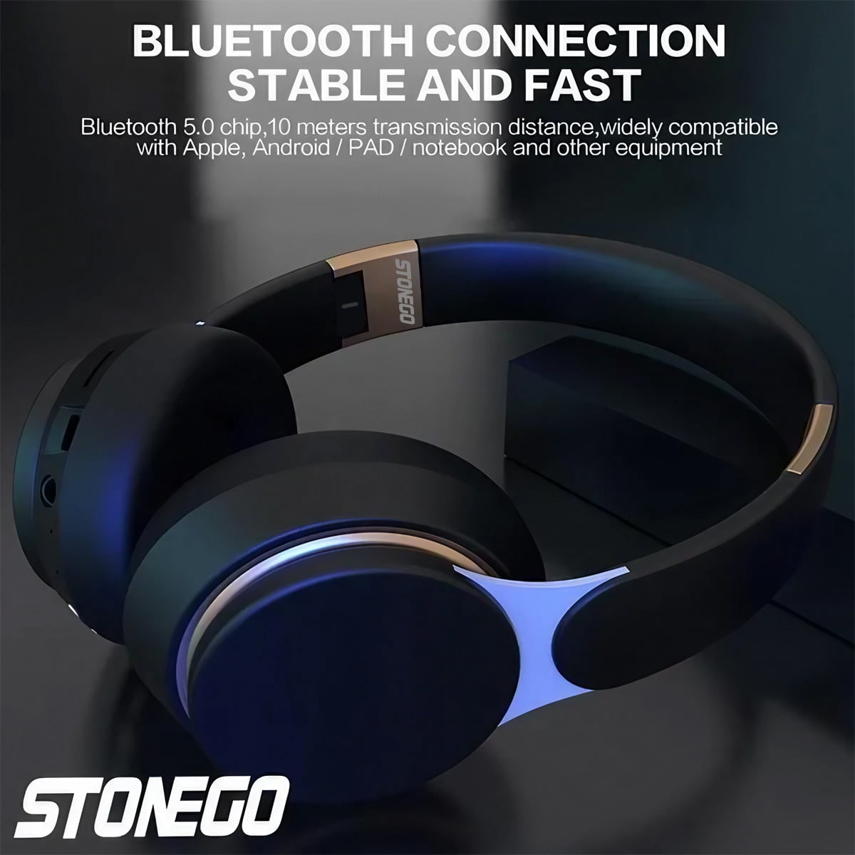 STONEGO HiFi Bluetooth Folding Headphones - Deep Bass, HD Microphone, Noise Cancelling, PU Leather Earmuffs - Wireless Over-Ear Headphones for Music, Gaming, Travel and Work - Designed for Comfort
