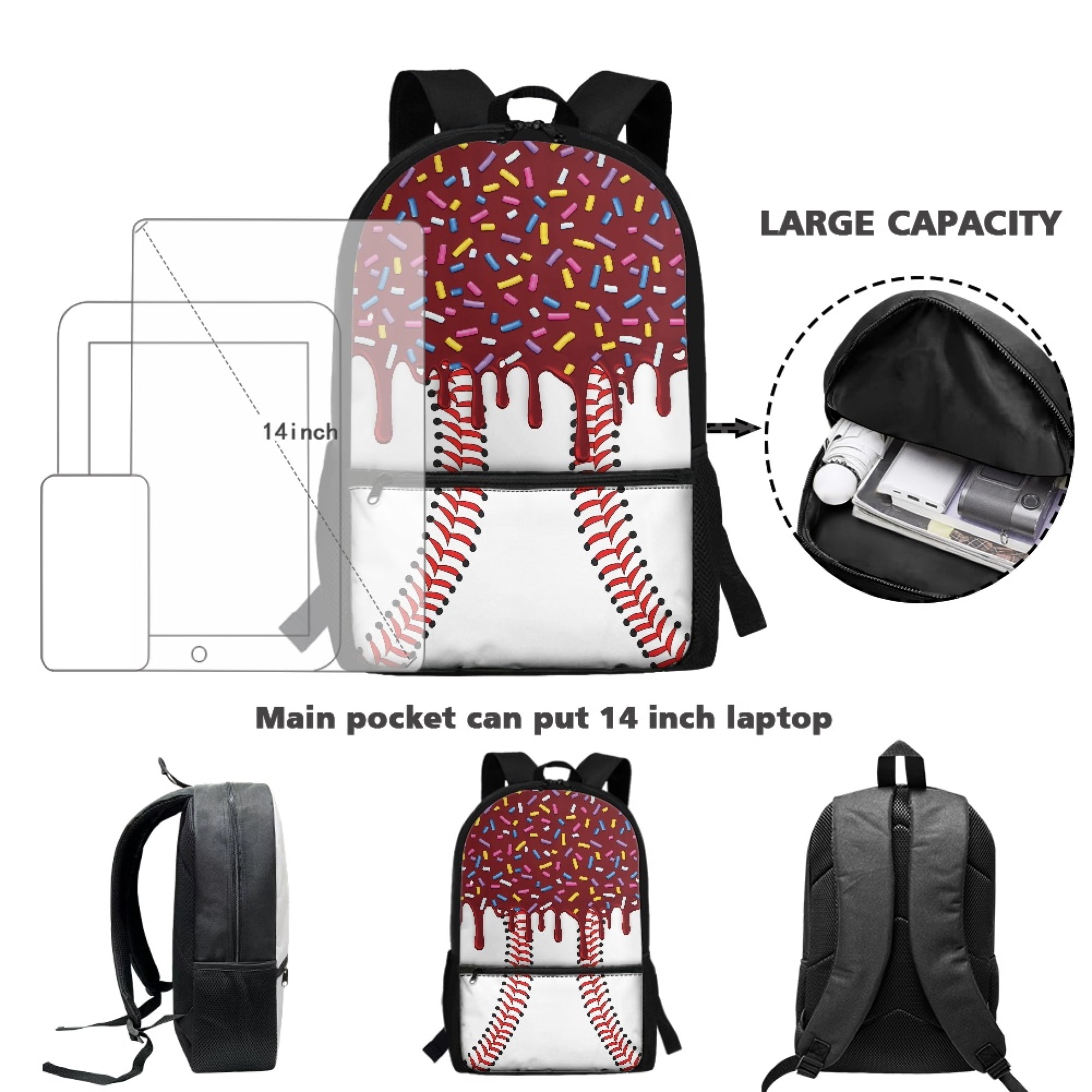 Uourmeti Baseball Pattern Smooth Zippers Student Bookbag for School Vacation, Independent Compartment Large Storage Backpack Personalized School Backpack
