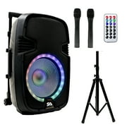 Seismic Audio SA-KP12BAT 12 Inch DJ Home Karaoke Bluetooth PA System Party Speaker with Stand, Rechargeable Battery, LED Lights, 2 Wireless Mics and Remote
