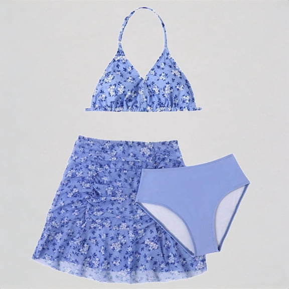 REDARER Girls 3-Piece Swimsuit Set: Floral Print, Halter Top, Ruffled Skirt Bottom – Summer Holiday Beach Bikini Swimwear,6-7 Years