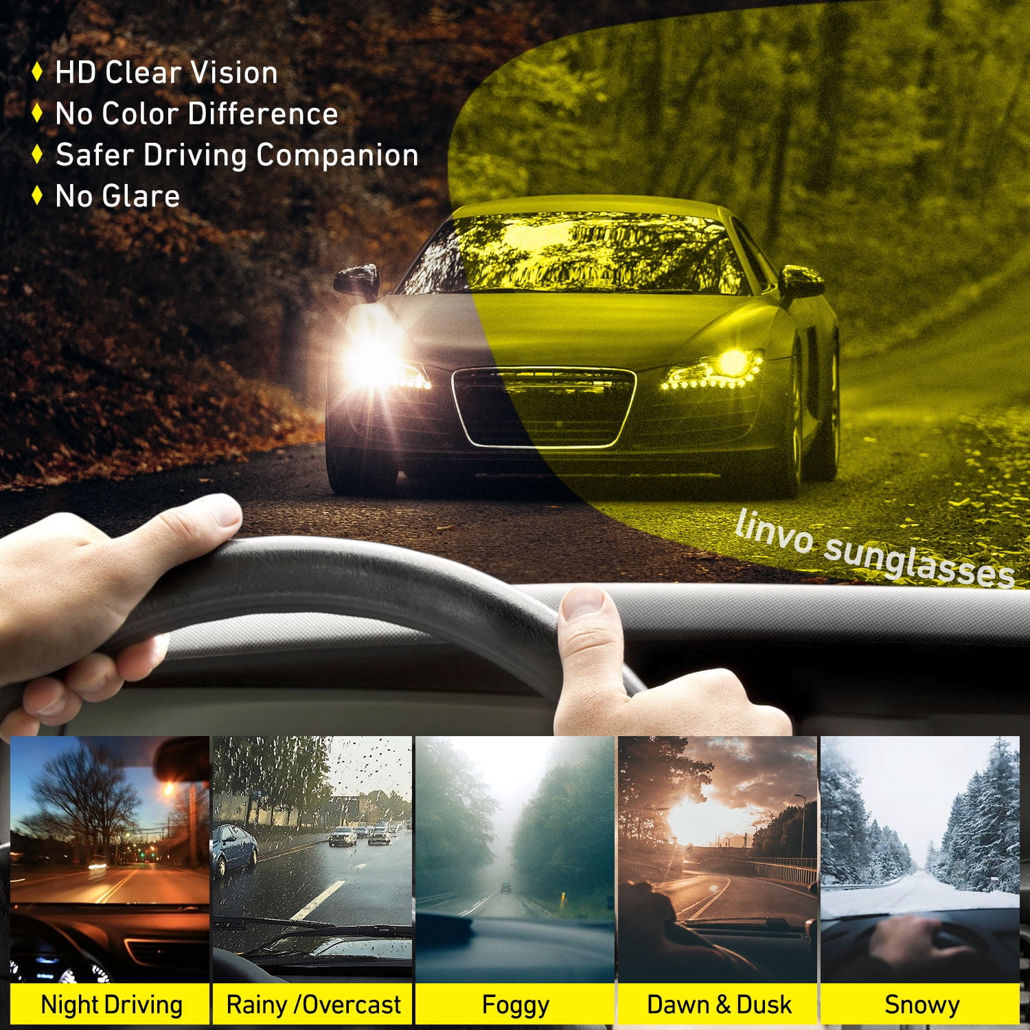 LINVO Night Driving Glasses for Men Women Anti Glare Night Vision Polarized Al-Mg Metal Frame UV Protection
