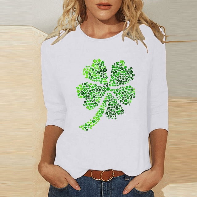 Meichang Hauts pour Femmes en Solde pour la Saint-Patrick Hauts Mignons T-Shirts Graphiques Trèfle Manches 3/4 Col Rond Hauts de Vacances en Solde