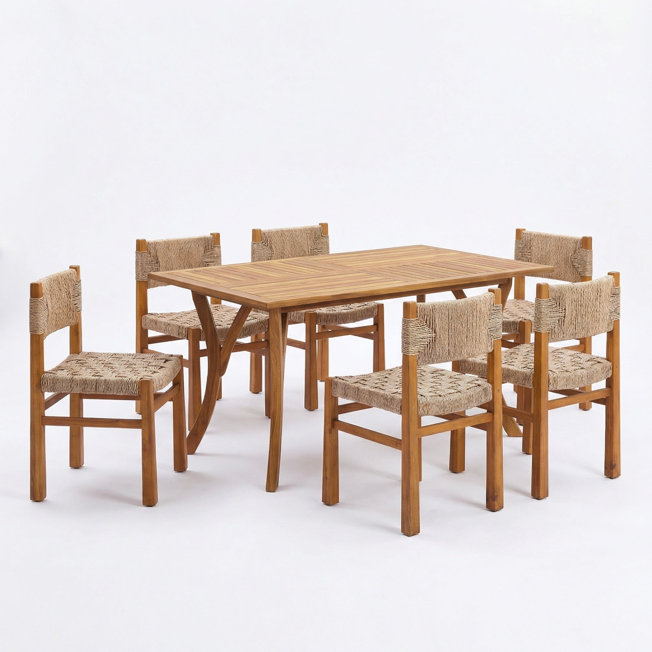 Christopher Knight Home 7-Piece Outdoor Wood Dining Set, 59" Teak Table and Light Brown Wicker Chairs