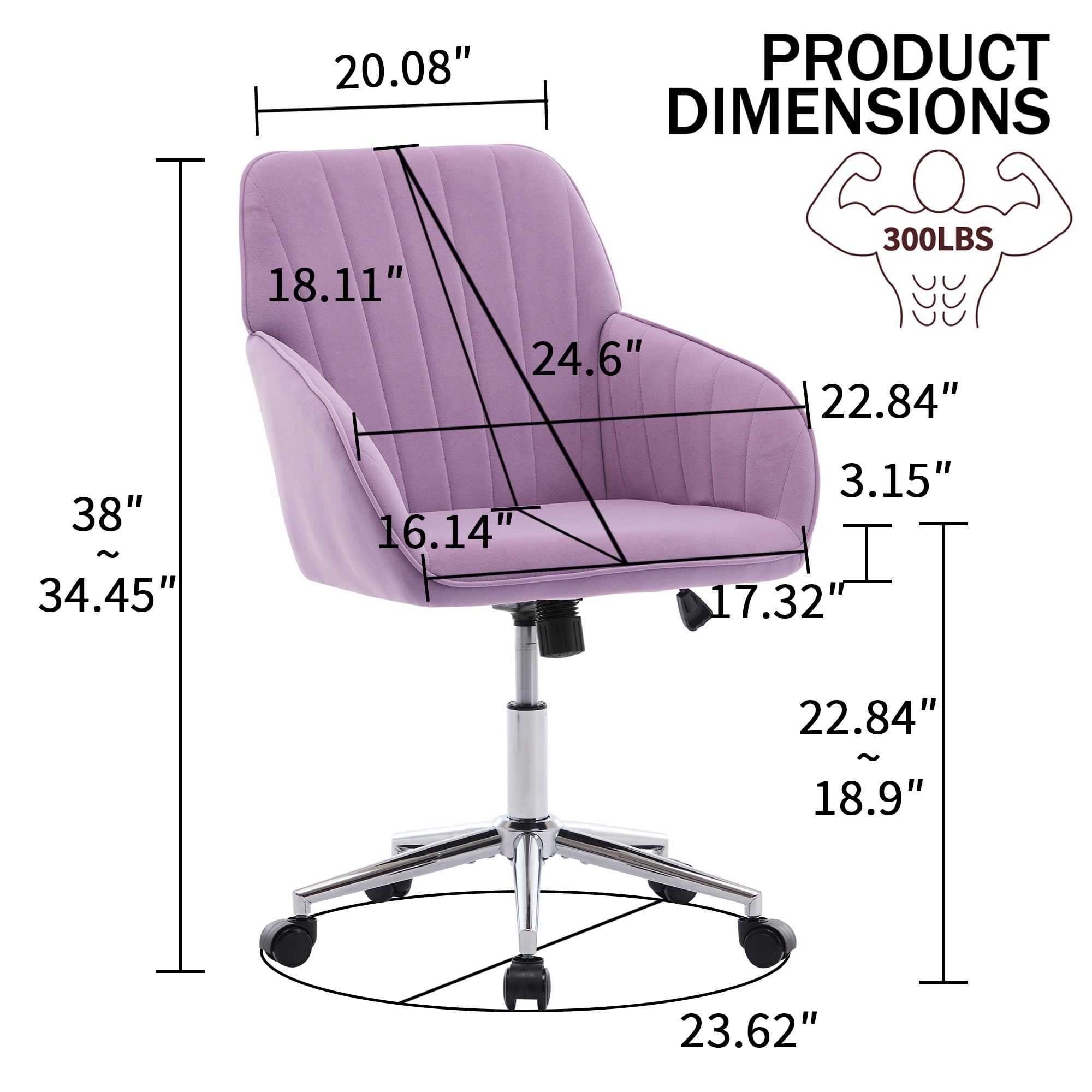 PORKISS Upholstered Desk Chair with Wheels, Ergonomic Adjustable Office Chair, Swivel Computer Task Chair with Velvet for Home Living Room Bedroom Workspace, Lilac
