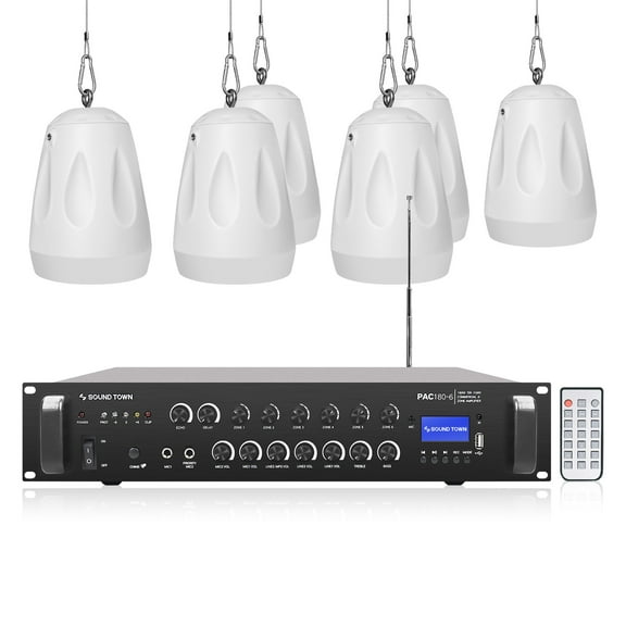 Sound Town Commercial Restaurant Bluetooth Amplifier   Pendant Speaker Set, with One 6-Zone 70V/100V Amplifier with Bluetooth, 6 x All-Weather 4-Inch Pendant Speakers, White (PAC180X6PD4W)
