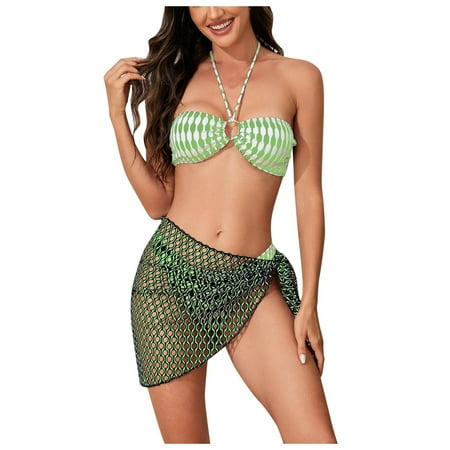 CAIVO Women Swimwear Summer Fashion Two Tone Knit Bikini Sexy Bikini Beach Bikini Boho Beach Vacation Swim Wear