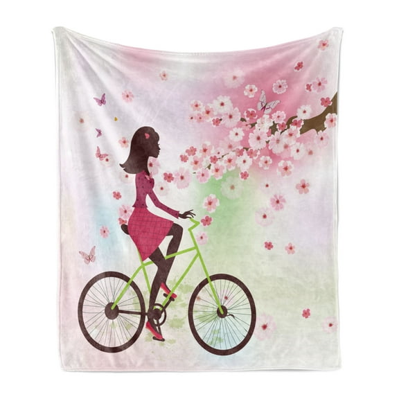 Feminine Soft Flannel Fleece Throw Blanket, Girl on Bike Passing by Cherry Trees Blooms Spring Nature Seasonal Illustration, Cozy Plush for Indoor and Outdoor Use, 50" x 70", Green Pink, by Ambesonne