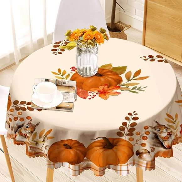 Fall Tablecloth 60 x 60 Inch,Round Tablecloth with Pumpkin Squirrel Autumn Table Cloth Thanksgiving Table Cover for Party Dining Picnic Table Decorations