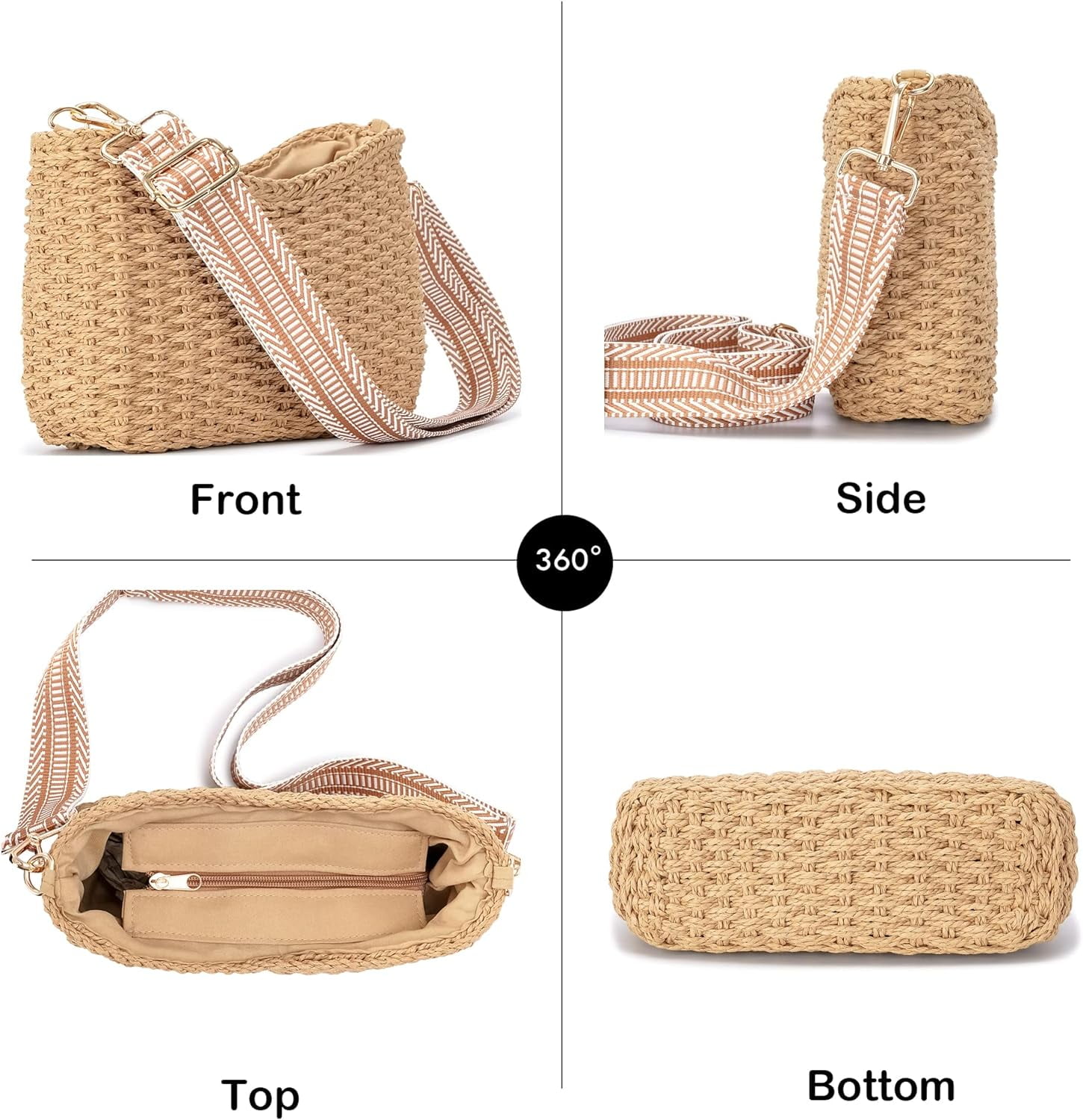 Small Handmade Straw Pocketbook Crossbody Bag for Women, Summer Chic Woven Handbag Shoulder Purse with Chain
