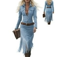 thumbnail image 4 of VEKDONE Women's Western Cowgirl Dress Vintage Suede Long Sleeve Slim Fit Fringe Dress Half Zip Lapel Tassel Dresses No Belt Fashion Clothes Blue XXL, 4 of 6