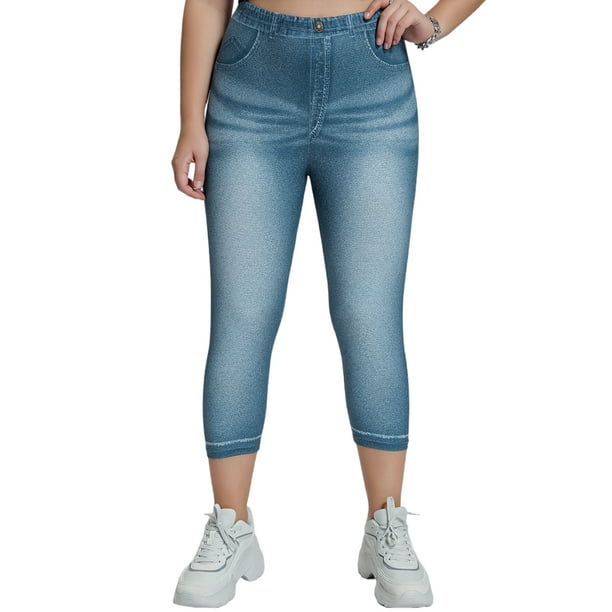 Innerwin Look Print Jeggings Plus Size Ladies Printed Denim Leggings Sport  Oversized Stretch Capri Fake Jeans Light Blue 1XL 