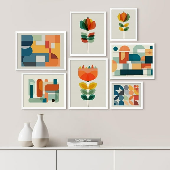 PixonSign Framed Canvas Print Wall Art Set - Pastel Mid-Century Geometry Colorful Poster Art - Geometric Print Gallery Set of 7 Abstract Illustrations Digital Art Wall Décor for Home - White