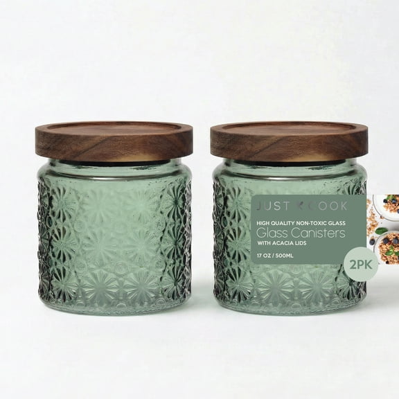Just Cook Green Textured Glass Canister Storage Containers with Acacia Lids, 500 ml, 2 Pack