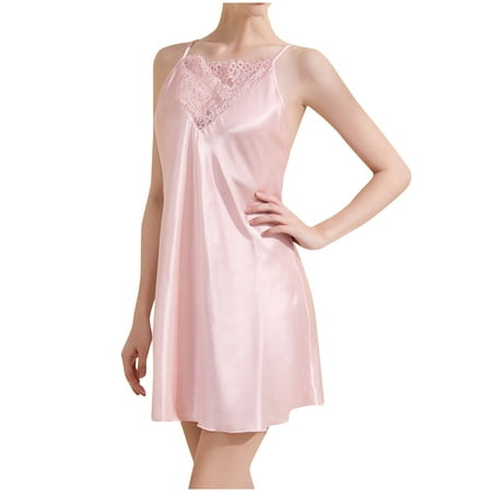 Lovskoo Women 2024 Sleepwear Satin Nightgown Babydoll Sleepwear Dress Mini Slip Chemise Nightwear Pink