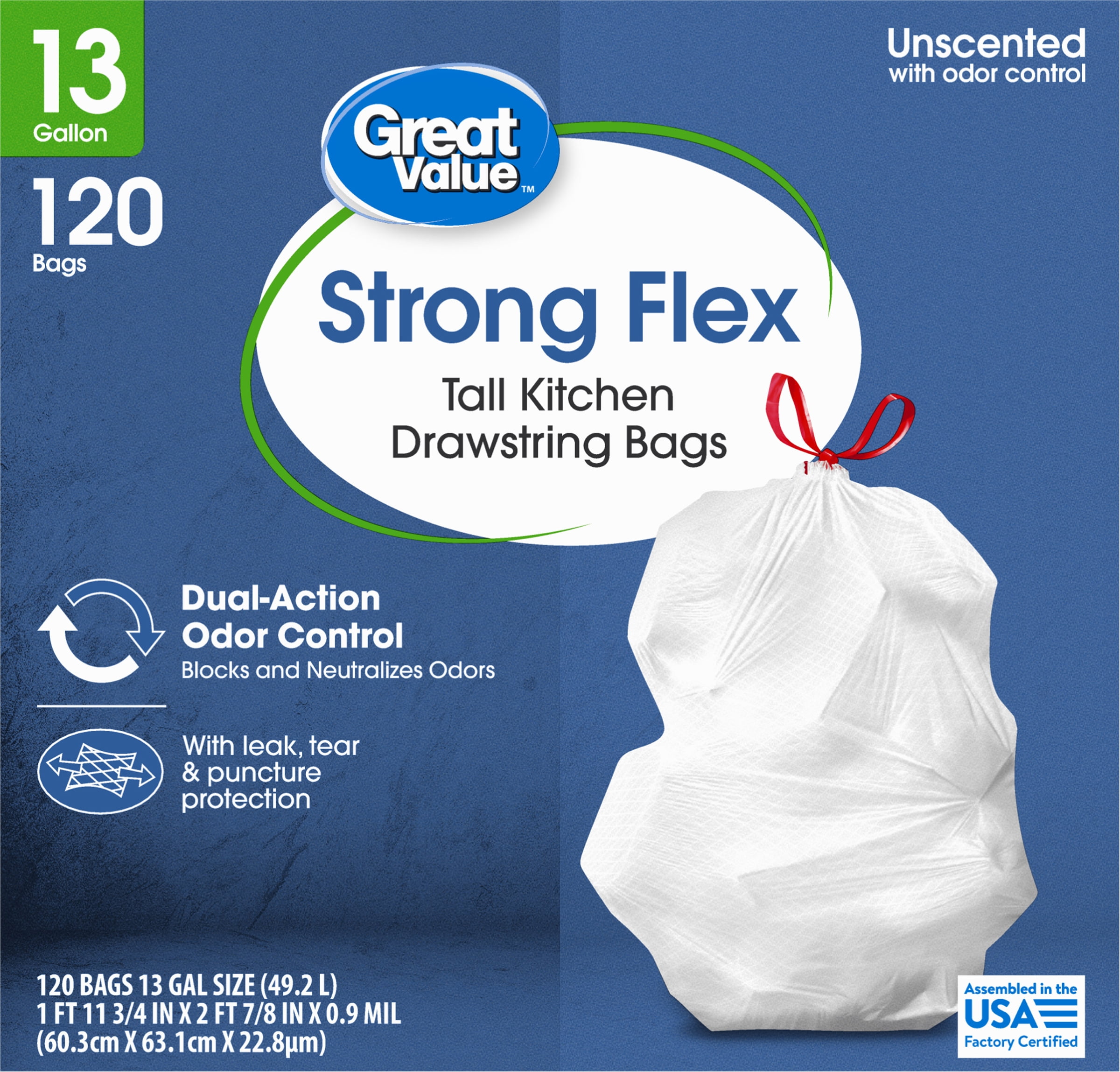 Great Value Strong Flex 13-Gallon Tall Kitchen Drawstring Trash Bags, Unscented, 120 Bags