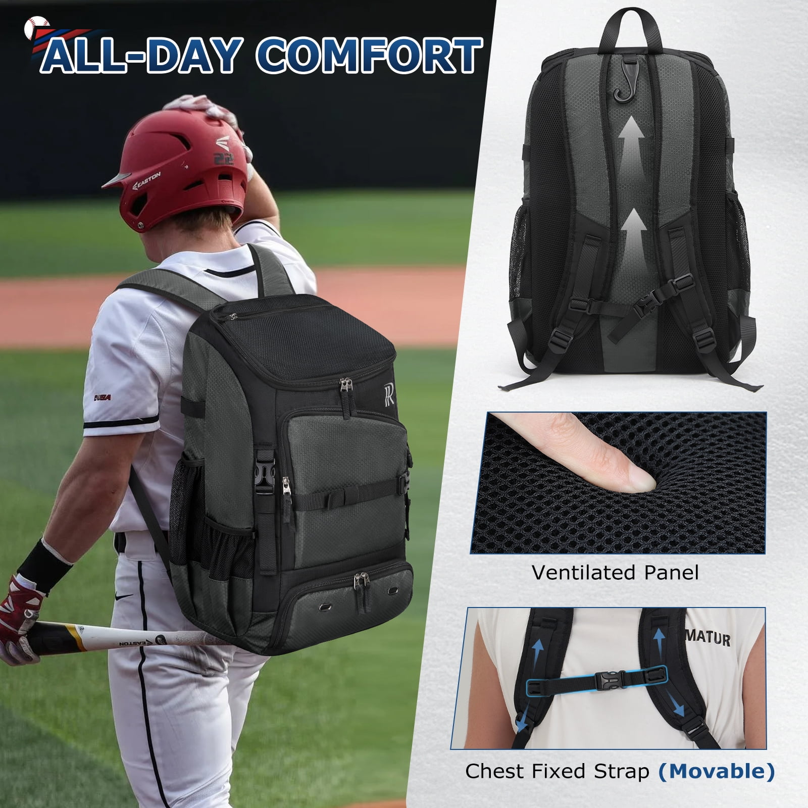 RAINSMORE Baseball Backpack 40L Large Softball Baseball Backapck with Helmet Holder, Shoe Compartment & Fence Hook, Durable Softball Gear Bag,Black/Gray