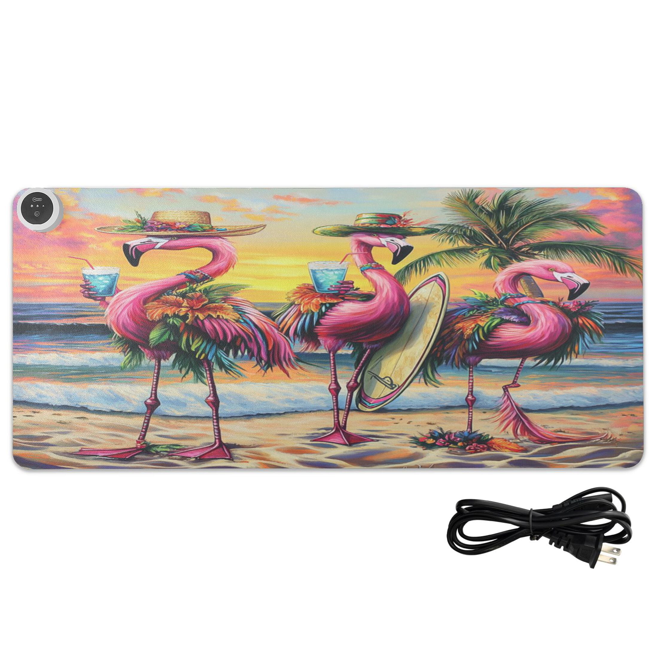 Wobogo Summer Flamingo Heated Mouse Pad Extra-Large Desk Mat With 3 Heating Levels and 3-hour Auto Shut-Off Protection Ideal for Computer Keyboards Home Office Hand-warming Essential 31.5in × 13in