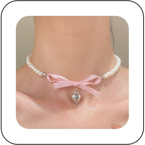 Bohemian Pearl Heart Choker Necklace Silver Puffy Heart Pendant Necklace Pink Ribbon Bow Pearl Necklace Bow Tie Pearl Collar Necklace Jewelry for Women