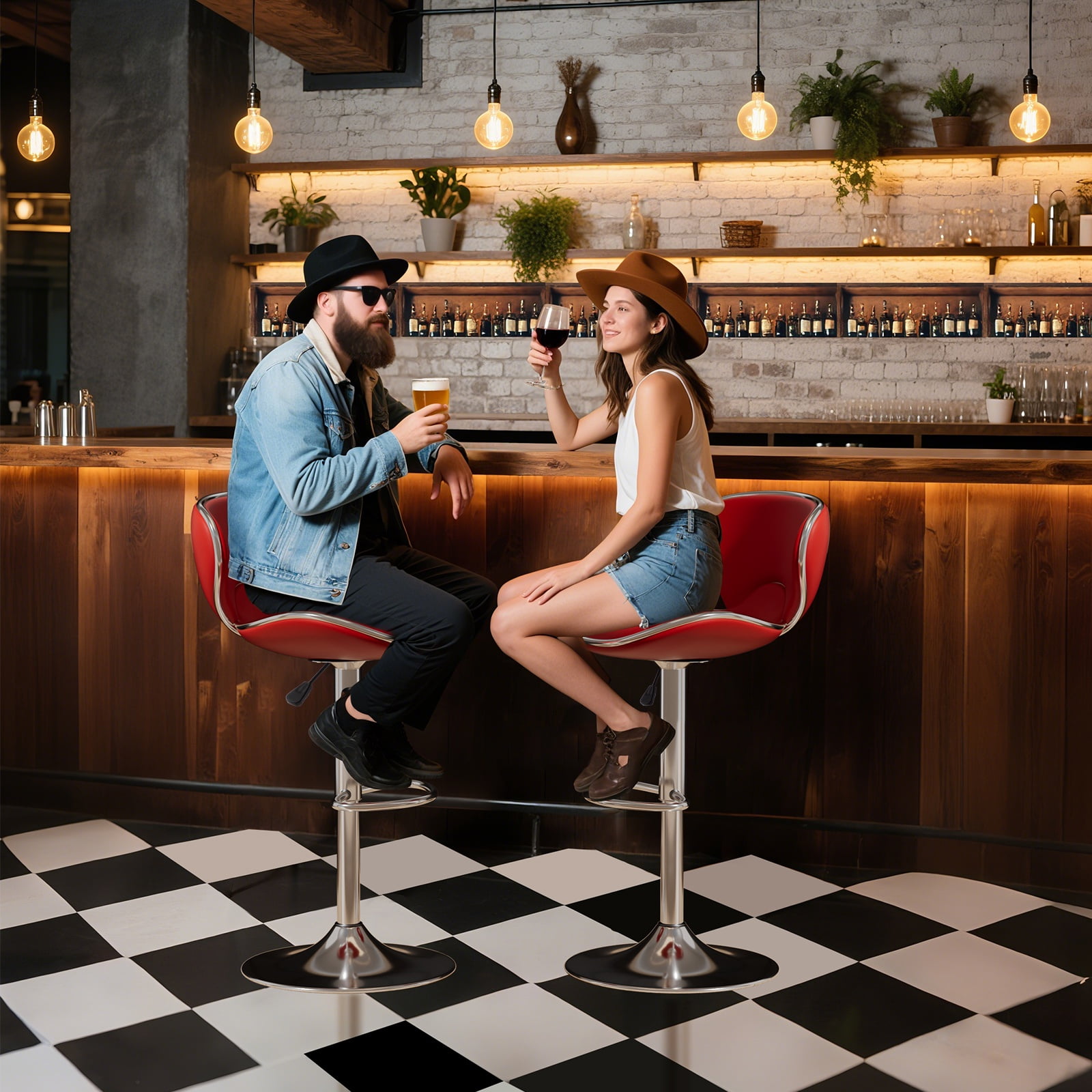 Adjustable Swivel Bar Stools Set of 2 , Modern PU Leather Upholstered Bar Chairs with Chrome Base for Kitchen Island, Dining Room, Pub, Counter (Red)