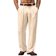 thumbnail image 2 of Mens Wide Leg Dress Pants Relaxed Fit Fashion Vintage Work Trousers Cotton Linen Pleated Baggy Lined Slacks Khaki M, 2 of 5