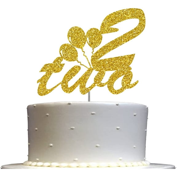 2nd Birthday Cake Topper Gold Glitter, Number Two Children Birthday Party Decoration Ideas, Sturdy Doubled Sided Glitter, Acrylic Stick. Made in USA