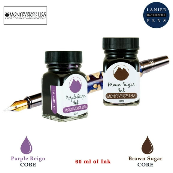 Monteverde 60ml Core Fountain Pen Ink Bottle (30ml Purple Reign Ink Bottle G309PR, 30ml Brown Sugar Ink Bottle G309BS)