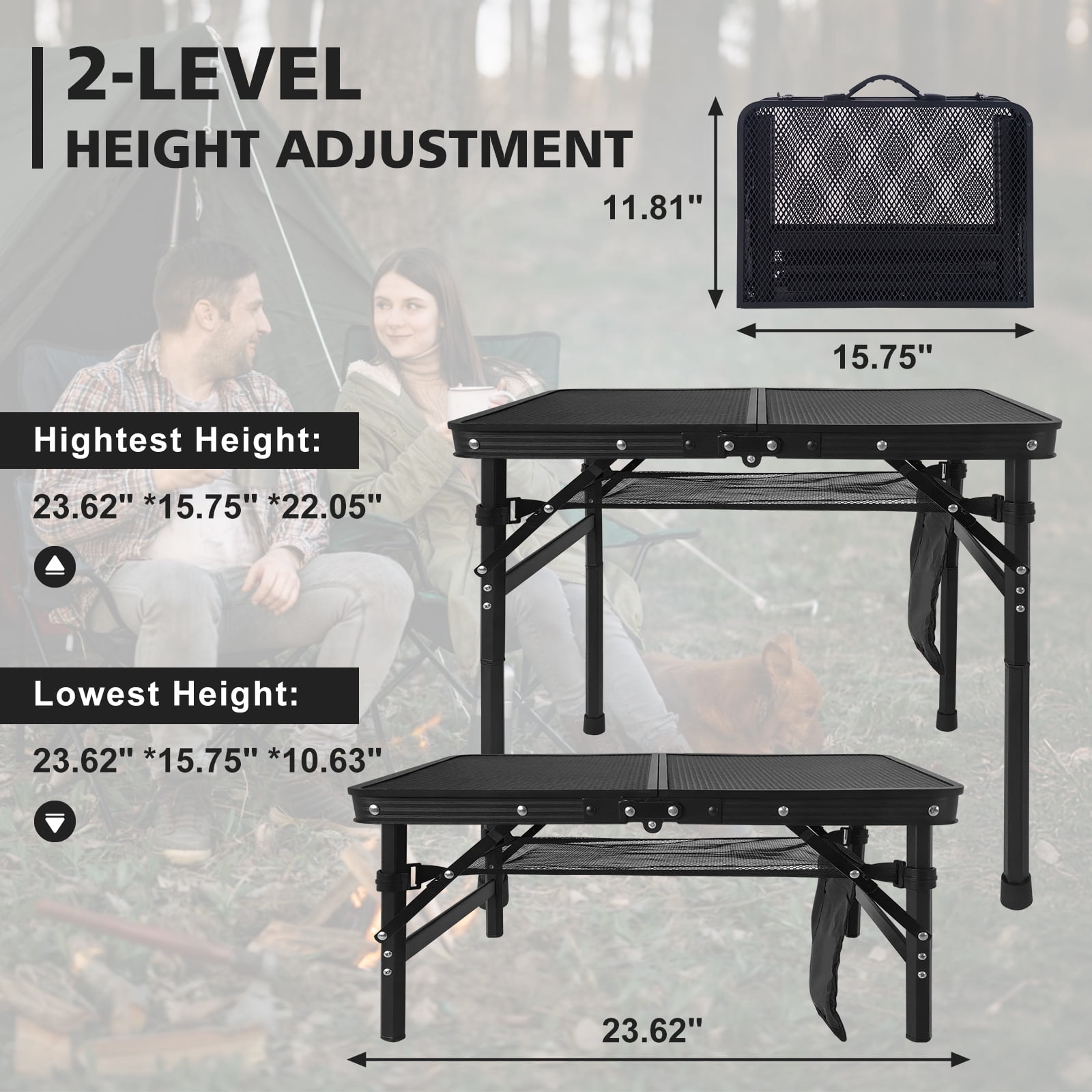 2FT Black Folding Camping Table, Aluminum Frame Mesh Desktop, Height Adjustable Portable Grill Table with Storage Mesh Bag for Camping, BBQ, Picnic & Outdoor Activities
