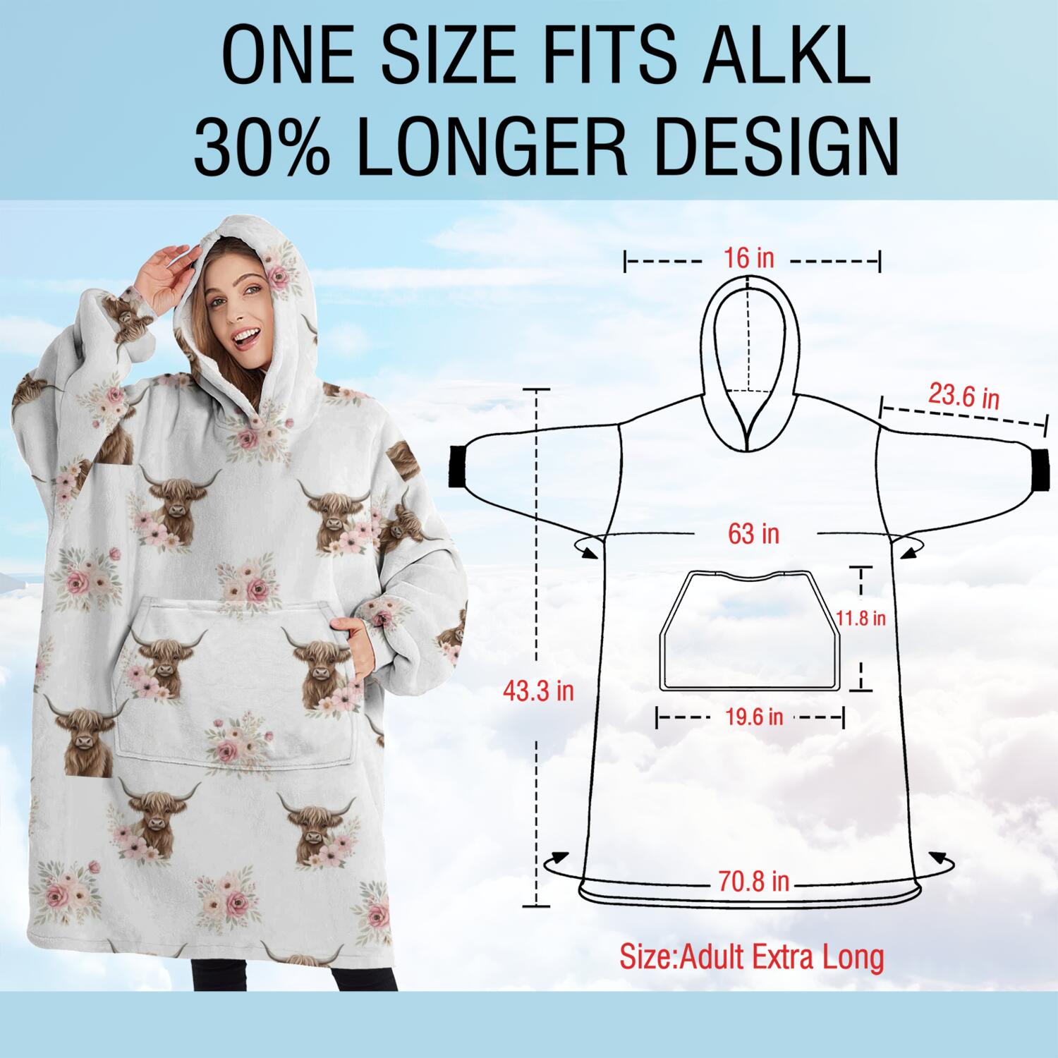Oversized Wearable Blanket Hoodie,White Highland Cow Flower Pattern Sherpa Blanket Hoodie with Super Pockets,Super Warm Fuzzy Pullover for Women & Men