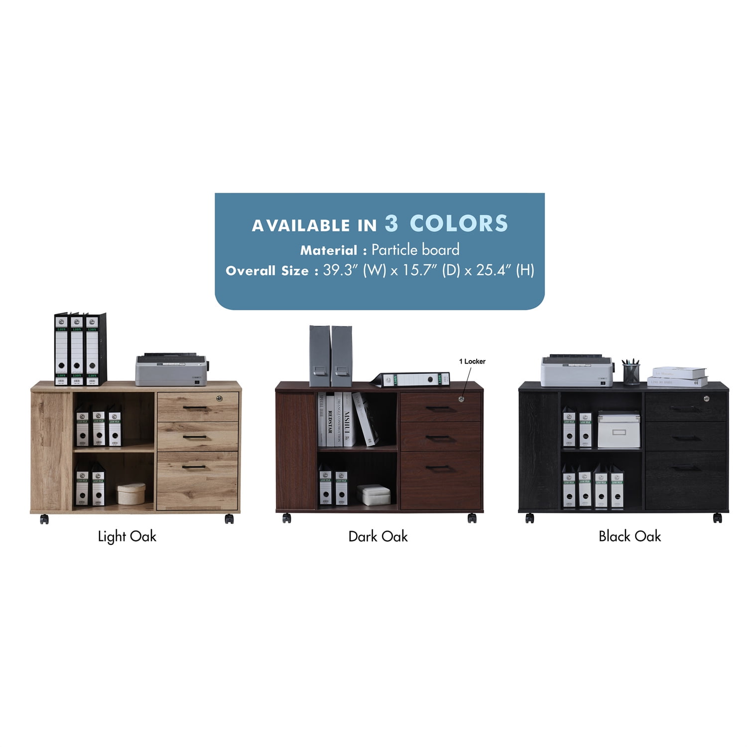 3-Drawer Oak Wood 39.37 in. W Lateral File Cabinet