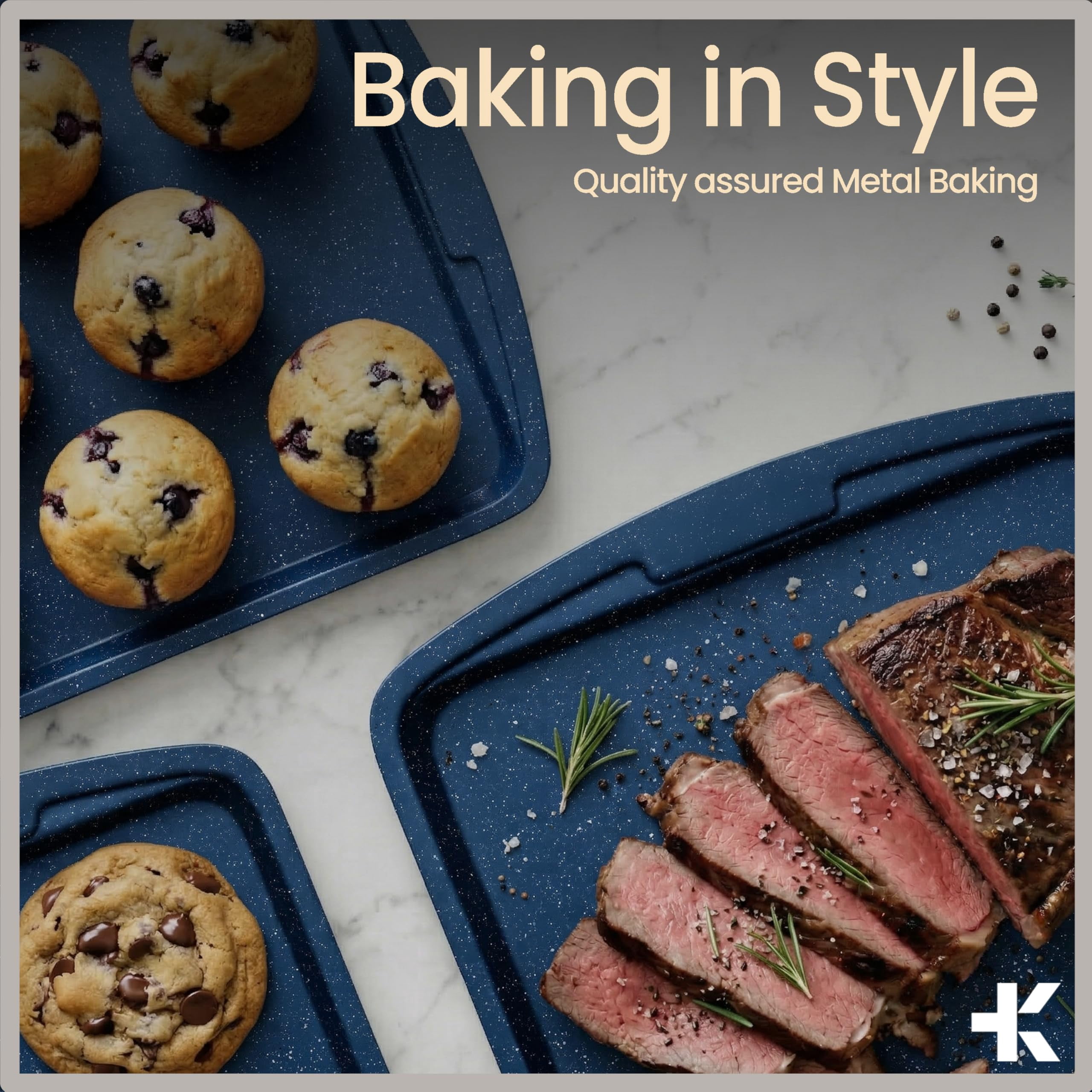 Bakken- Swiss 10-Piece Bakeware Sets, Nonstick Carbon Steel Baking Sheet & Pans, Stackable Space-Saving Bakeware, Stain-resistant, Oven Safe (up to 450°F), Blue Marble
