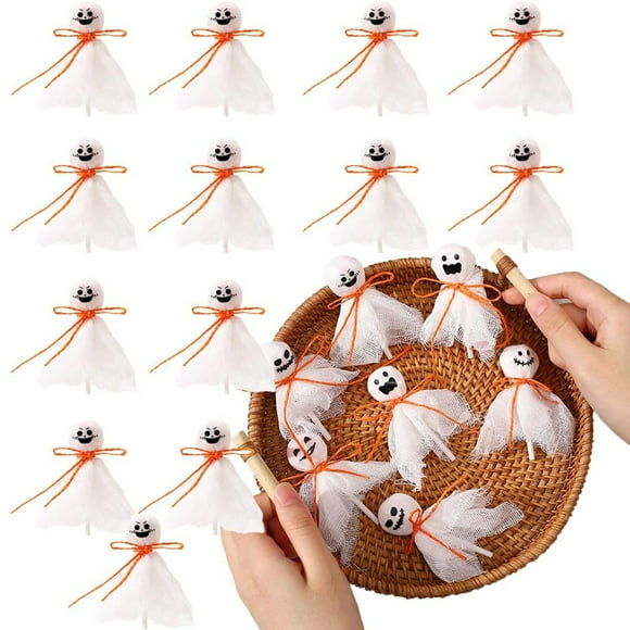 Musbetu 12 Pcs Halloween Ghost Lollipop Wrappers White Cloth Ghost Candy Wrappers for Homemade Candy DIY Trick or Treat Party Decoration