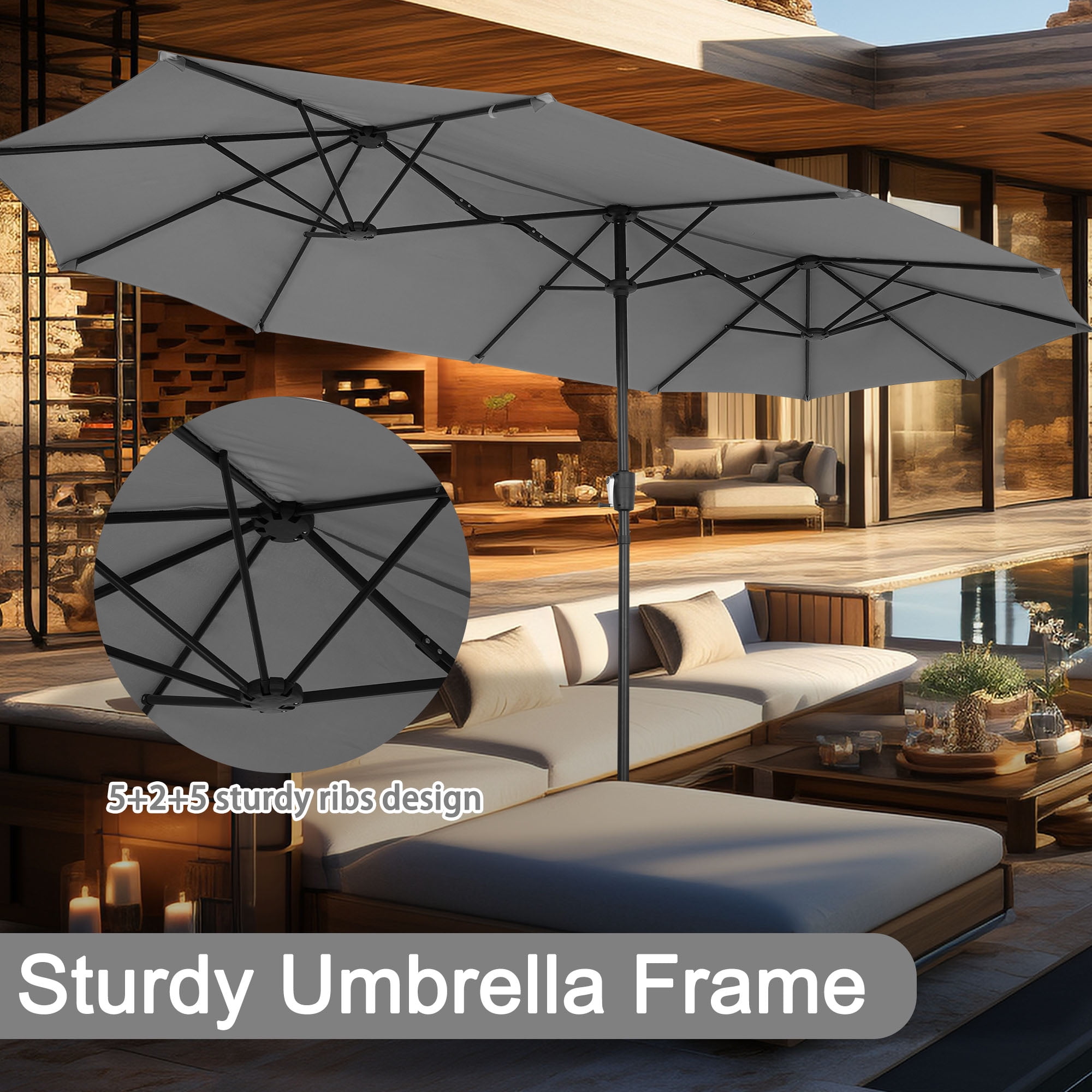 Autlaycil 13ft Rectangle Patio Umbrella with Crank System, Sturdy Ribs for Pool, Yard, Market - Gray