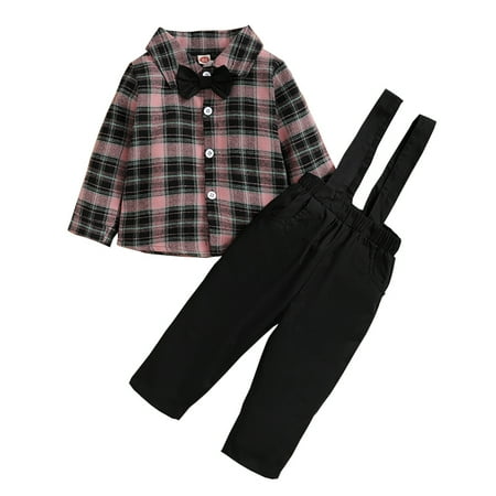 

KIMI BEAR Infant Boys Outfits 12 Months Infant Boy Autumn Outfits 18 Months Infant Boy Casual Plaid Print Long Sleeve Shirt + Suspender Pants 2PCs Set Black